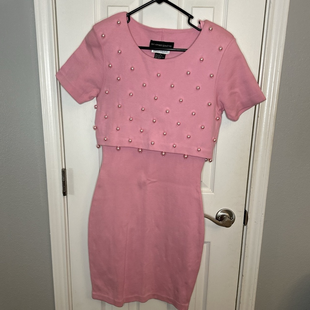 Andrea Jovine Ann Taylor Pink Pearl Embellished Knit Sheath Dress Vintage Mens M